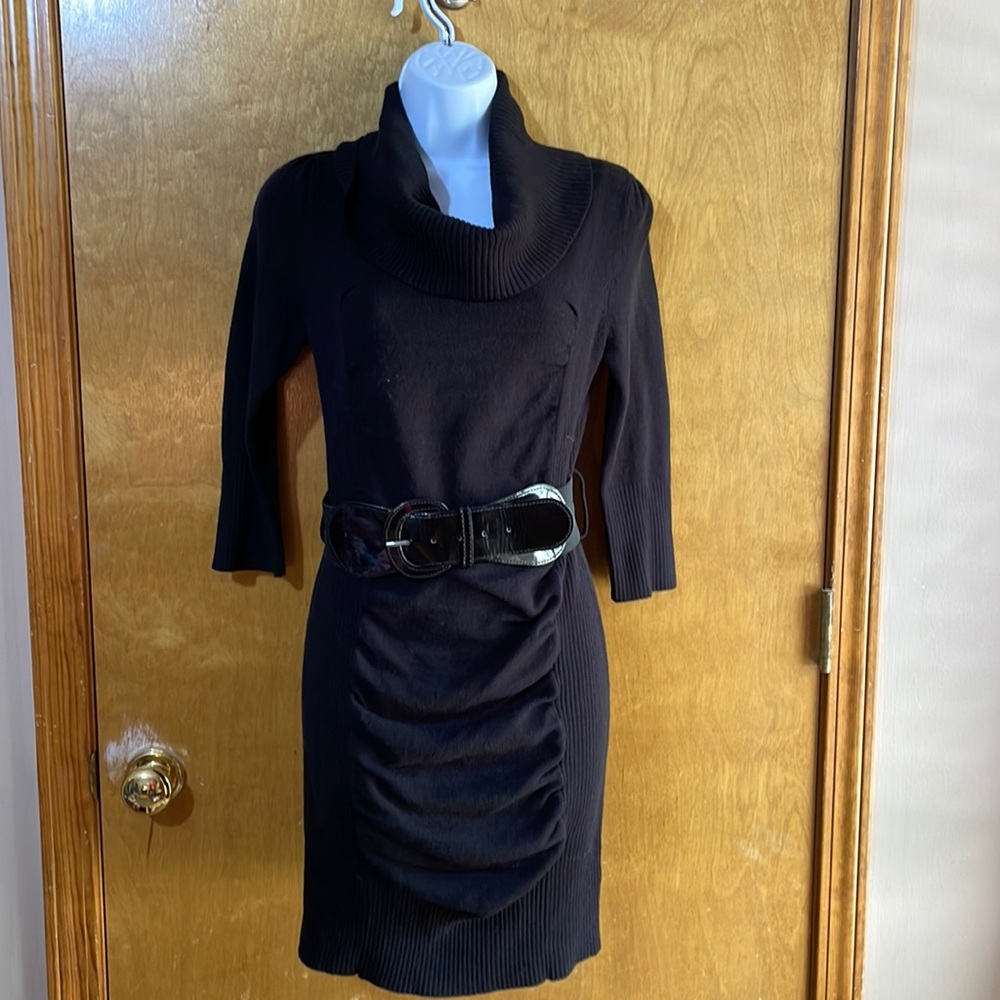 Cowl Neck Black Belted Sweater Dress